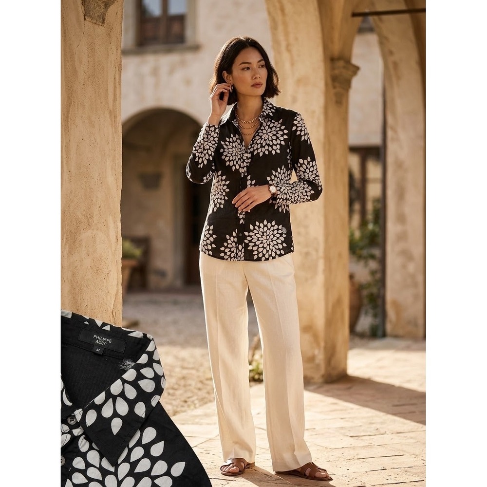 Philippe Adec Paris Womens Black White Floral Petal Print Button Down Shirt M